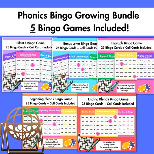Phonics Bingo Growing Bundle | Silent E, Bonus Letters, Digraphs & More