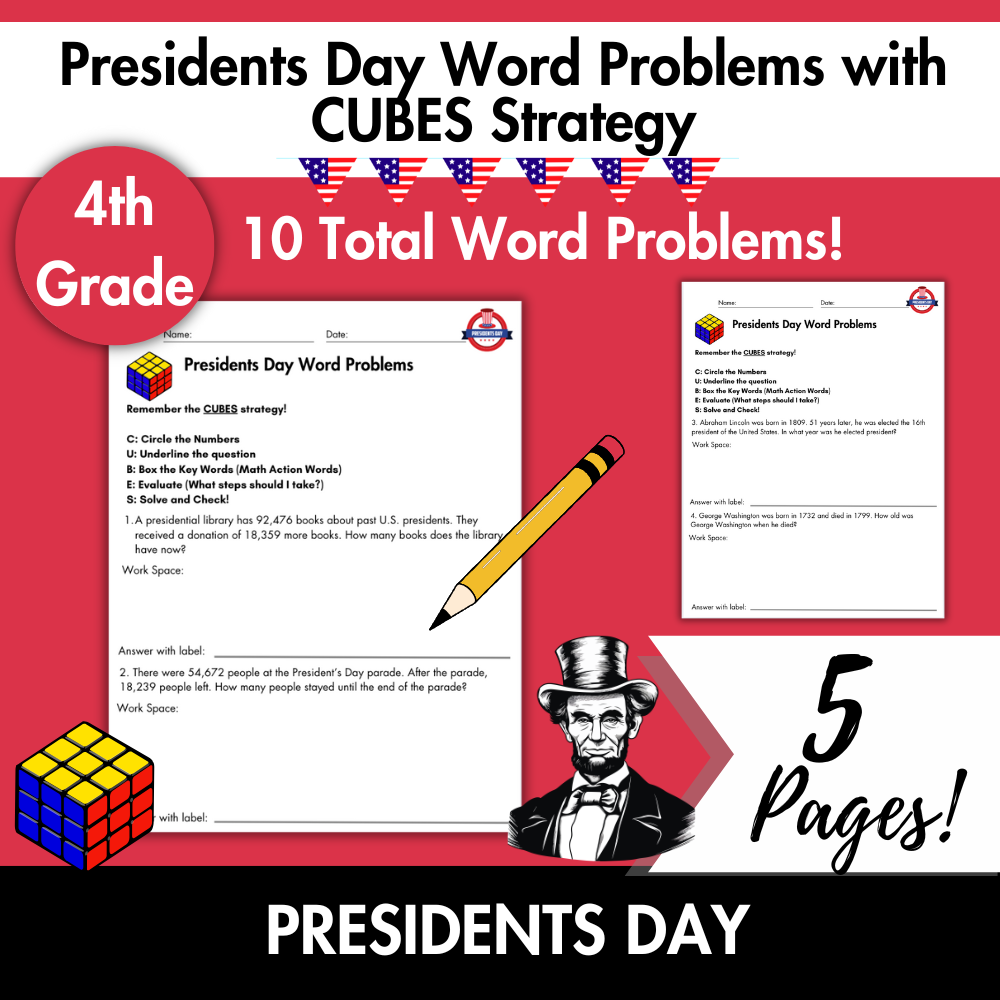 President's Day Word Problems with CUBES Strategy | 4th Grade