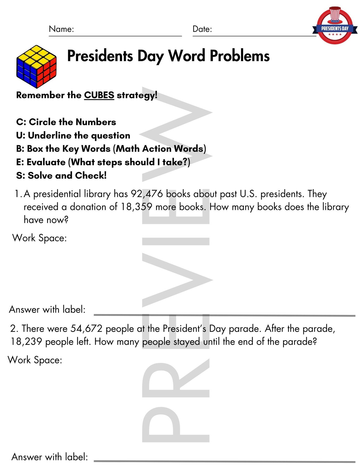 President's Day Word Problems with CUBES Strategy | 4th Grade