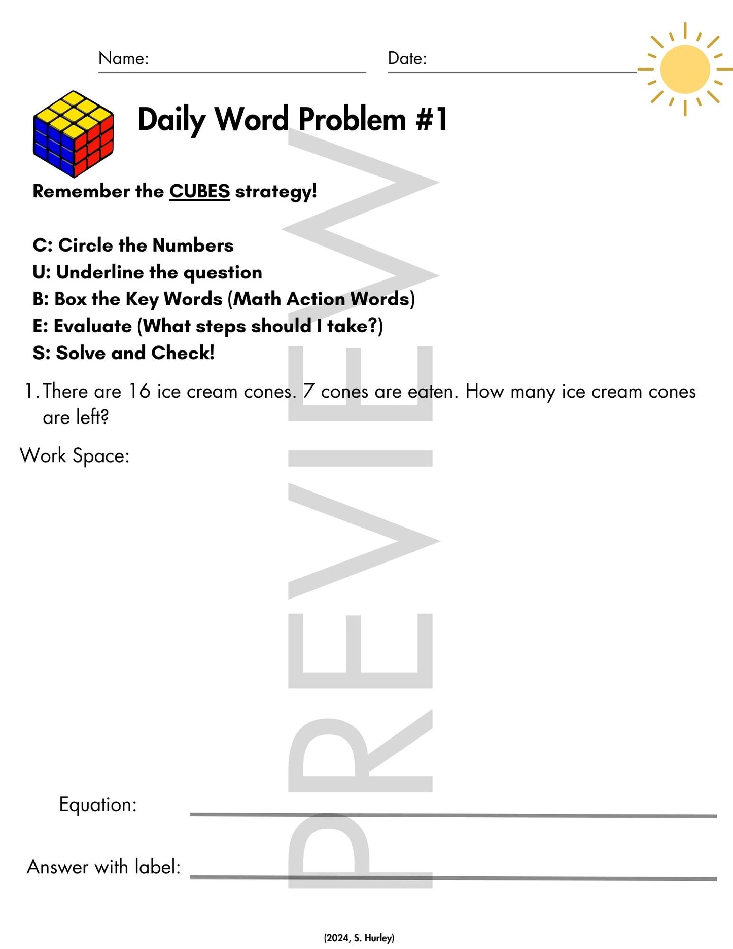 June Daily Word Problems with CUBES Strategy | 1st Grade