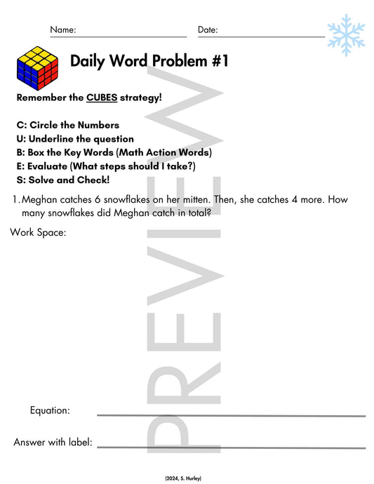 December Daily Word Problems with CUBES Strategy | 1st Grade