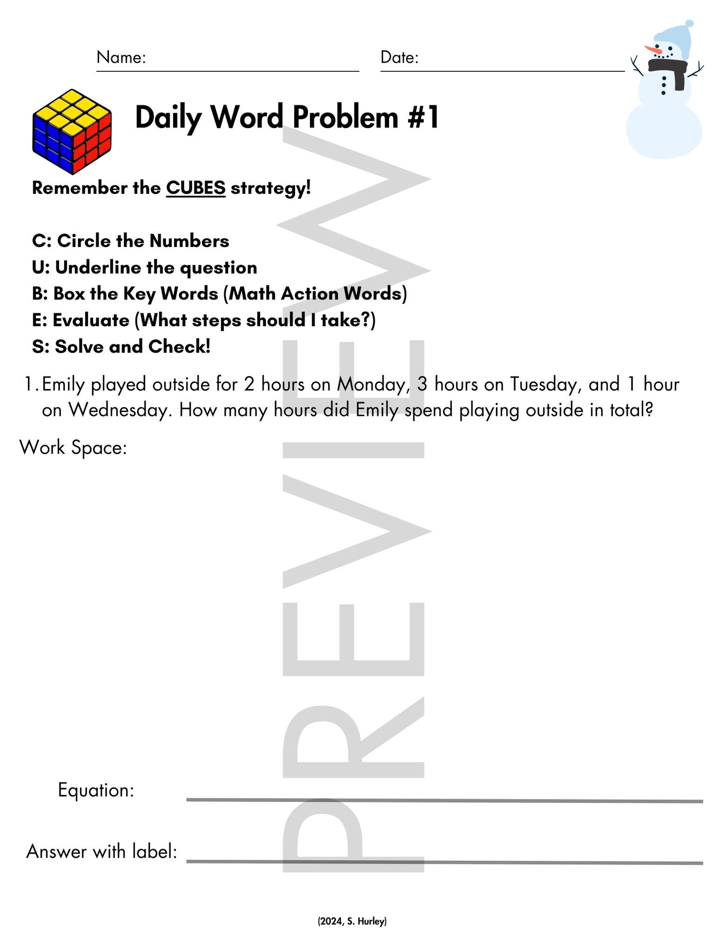 January Daily Word Problems with CUBES Strategy | 1st Grade