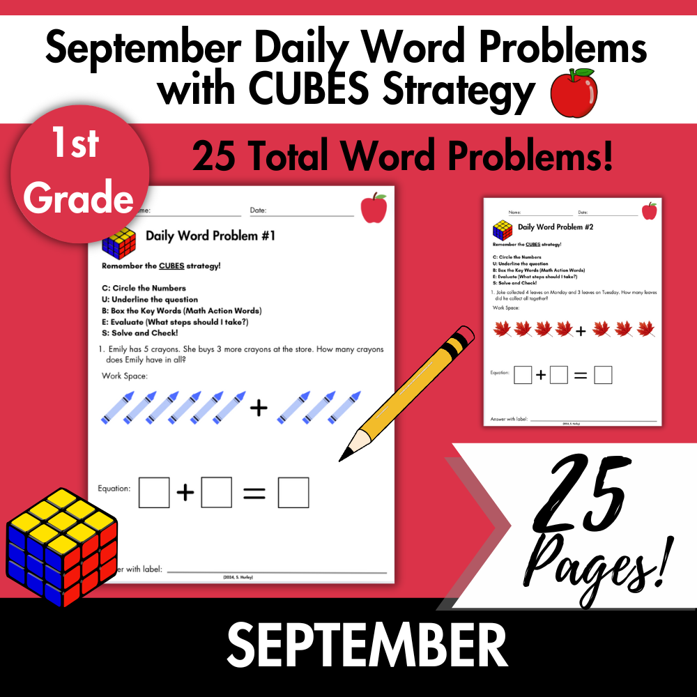 September Daily Word Problems with CUBES Strategy | 1st Grade