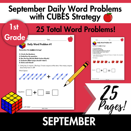 September Daily Word Problems with CUBES Strategy | 1st Grade