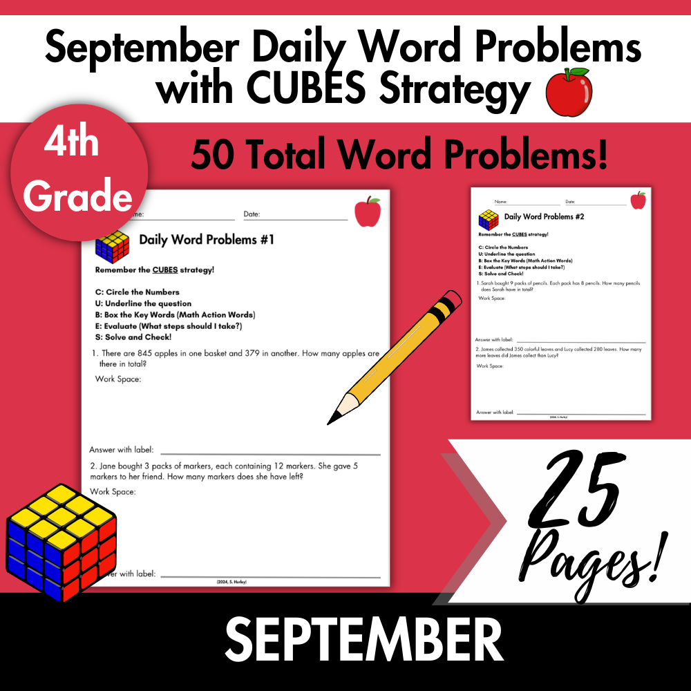 September Daily Word Problems with CUBES Strategy | 4th Grade