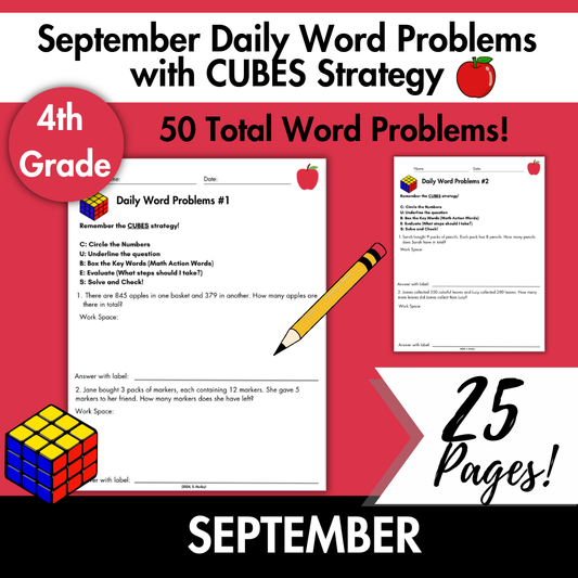 September Daily Word Problems with CUBES Strategy | 4th Grade