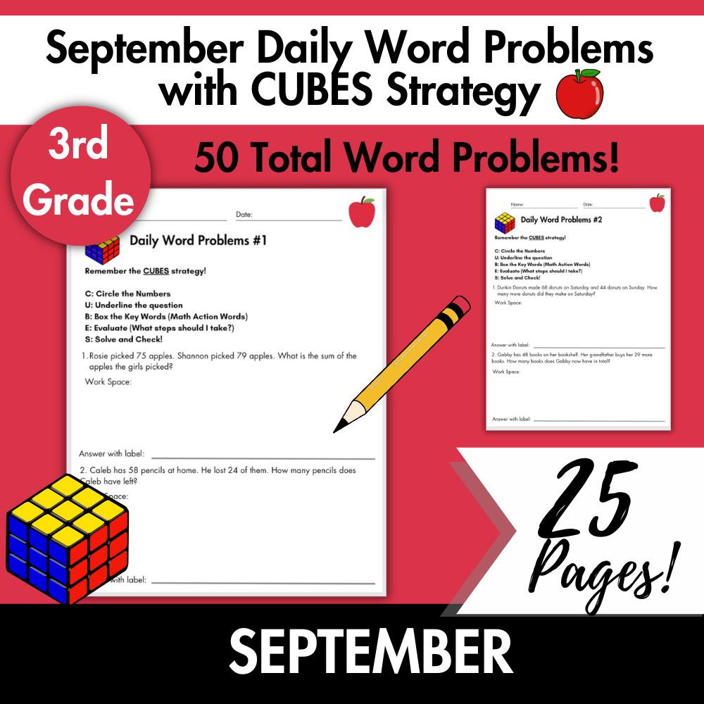 September Daily Word Problems with CUBES Strategy | 3rd Grade