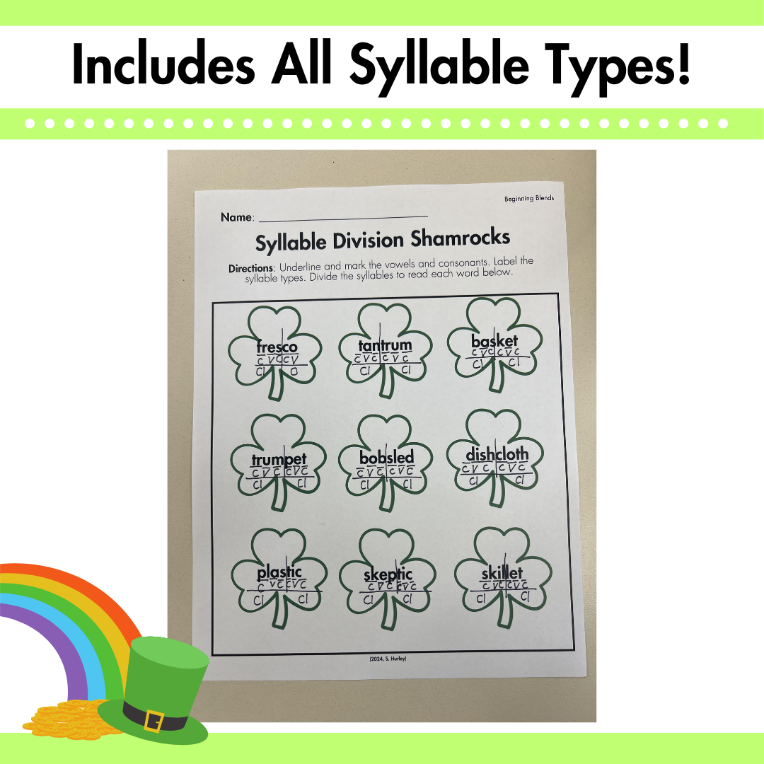 St. Patrick's Day Syllable Division Shamrocks