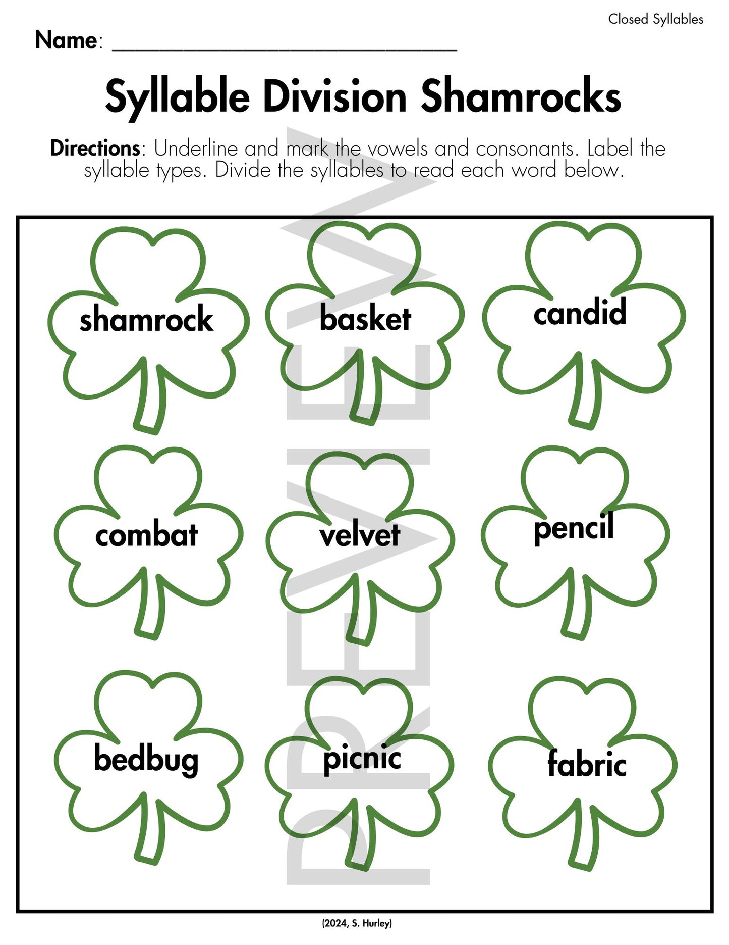 St. Patrick's Day Syllable Division Shamrocks