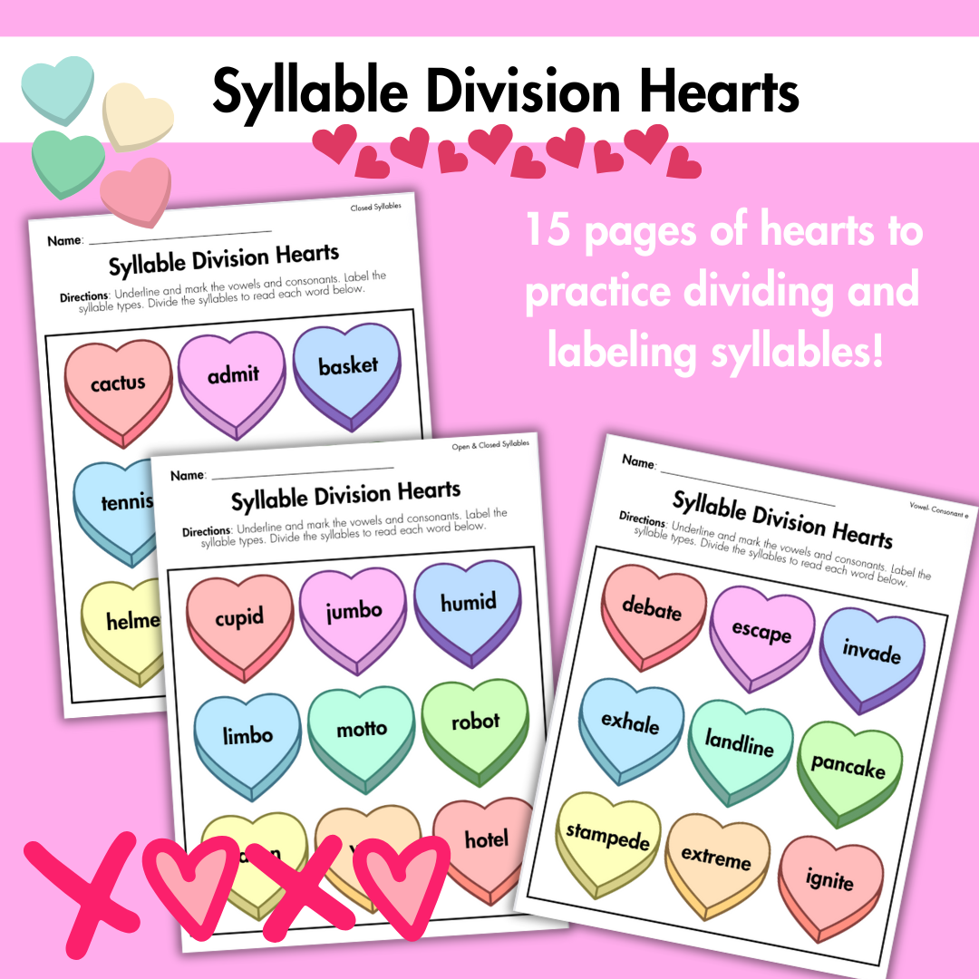 Valentine's Day Syllable Division Hearts