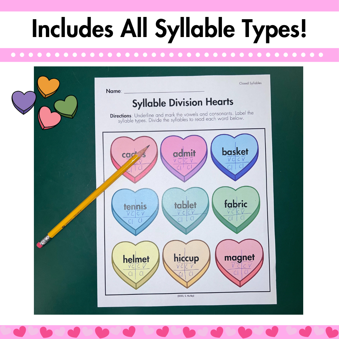 Valentine's Day Syllable Division Hearts