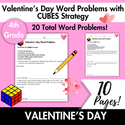 Valentine's Day Word Problems with CUBES Strategy | 4th Grade