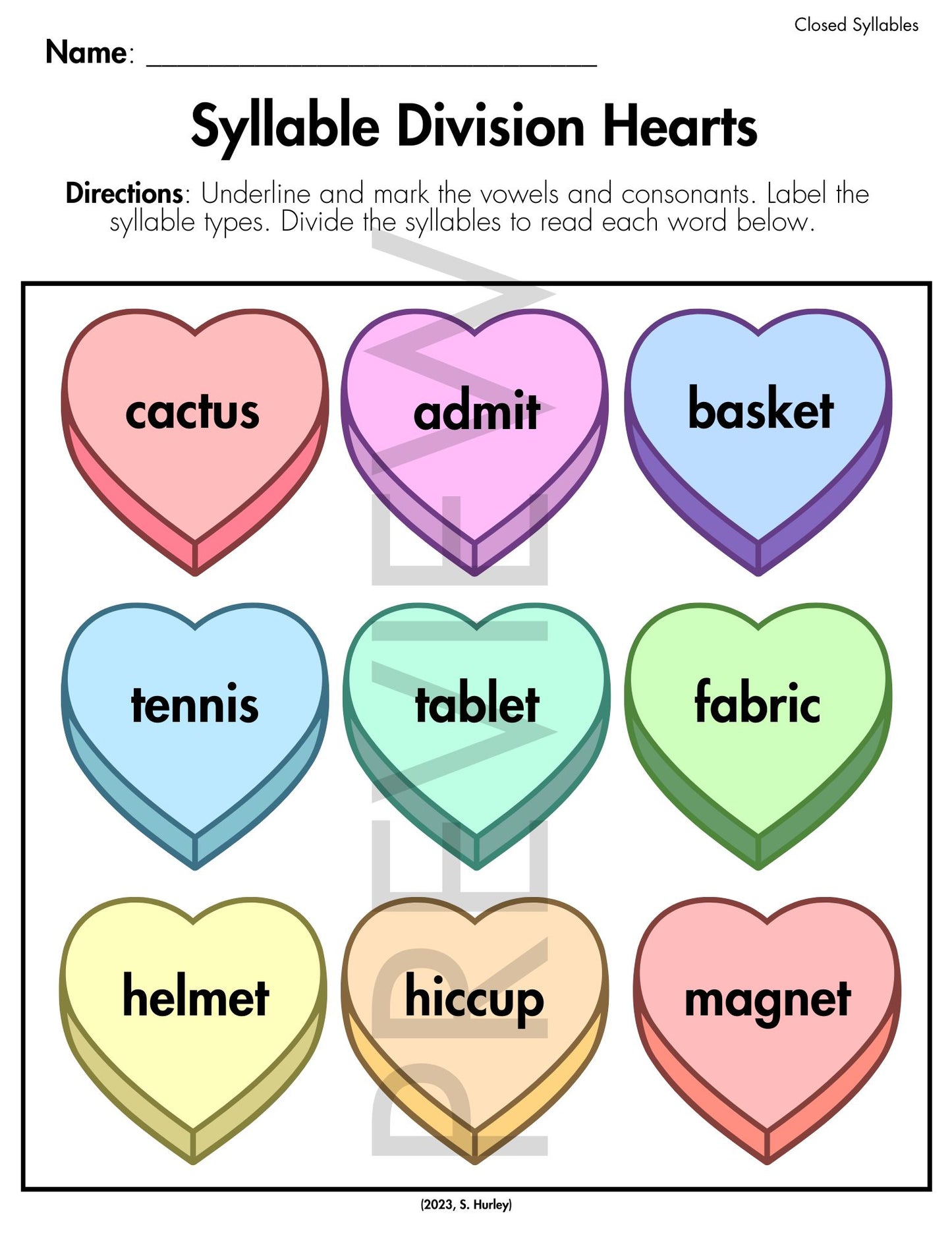 Valentine's Day Syllable Division Hearts